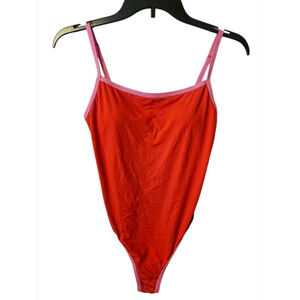 AQUA Swim Red Metallic One Piece Square Neck Pink Trim Medium NWT
